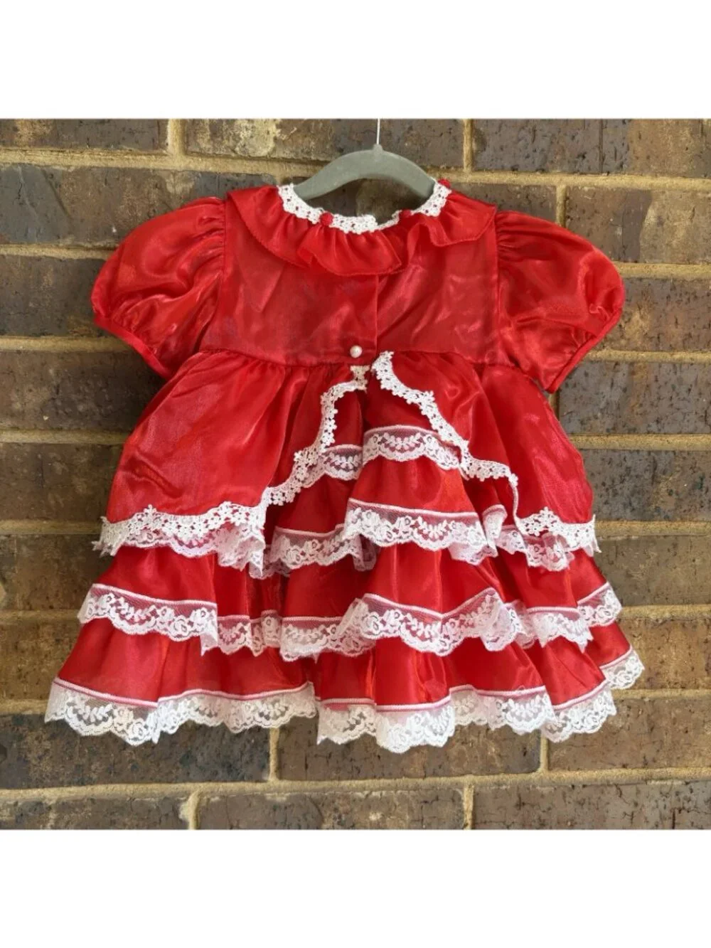 VTG Red White Lace Tiered Full Circle Pageant Ruffle Dress 24M Lace Me Fancy